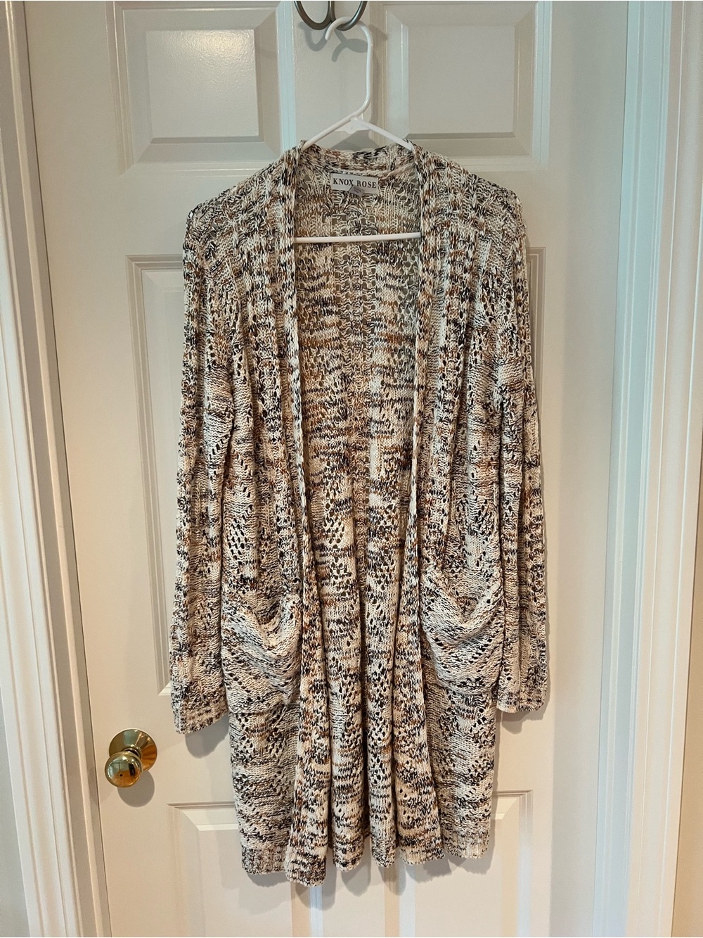 Knox Rose Marled Open-Front Long Cardigan in Cream and Brown